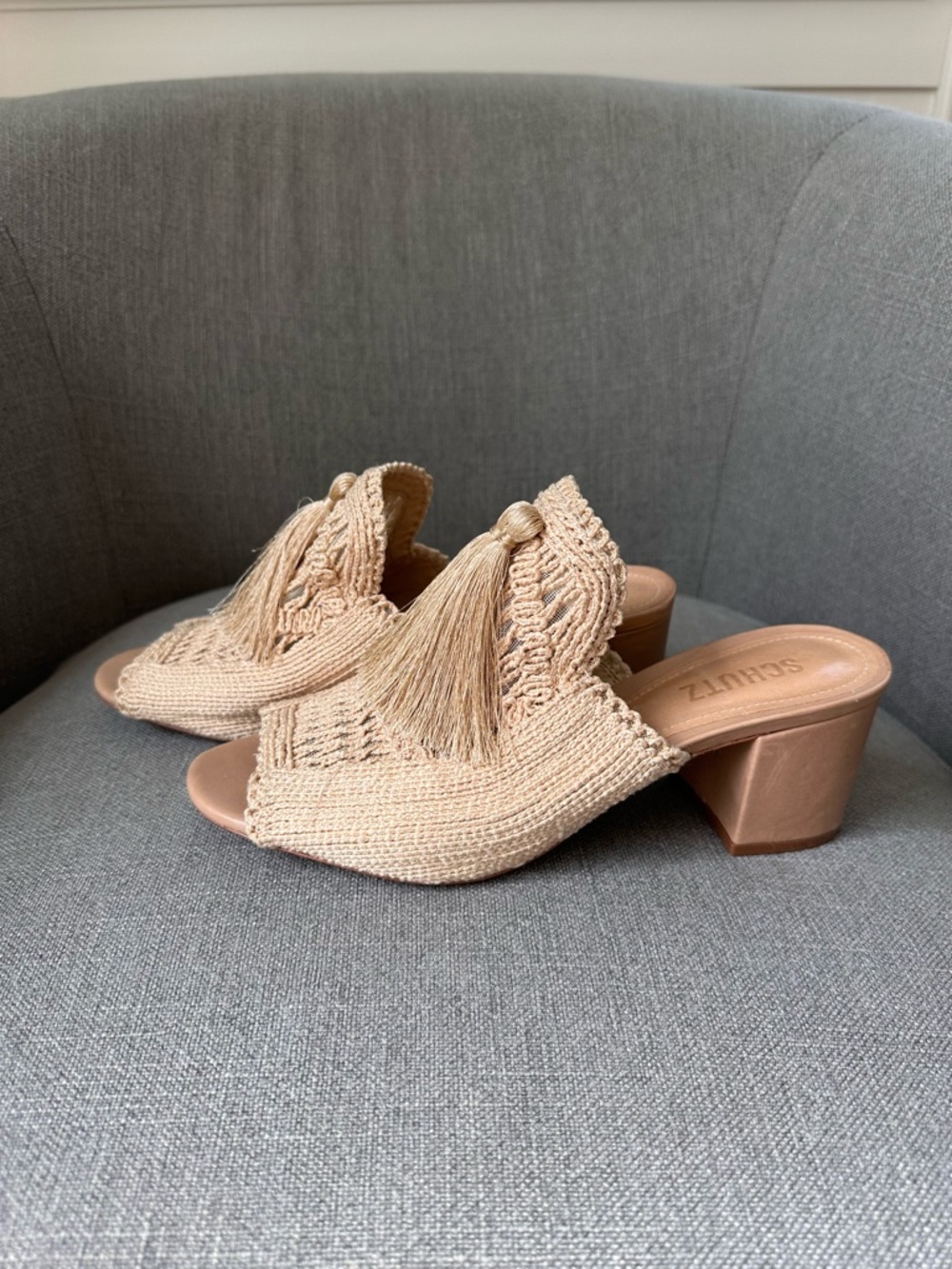 SCHUTZ Beige Knit Tassel Block Heel Mules